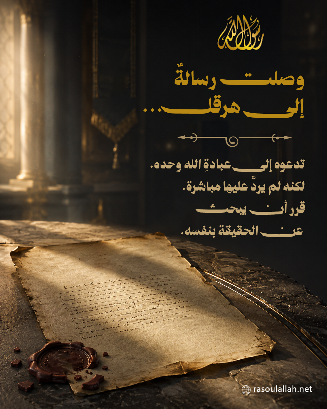 وصلت رسالةٌ إلى هرقل... تدعوه إلى عبادةِ الله وحده. لكنه لم يردَّ عليها مباشرة. قرر أن يبحث عن الحقيقة بنفسه.
